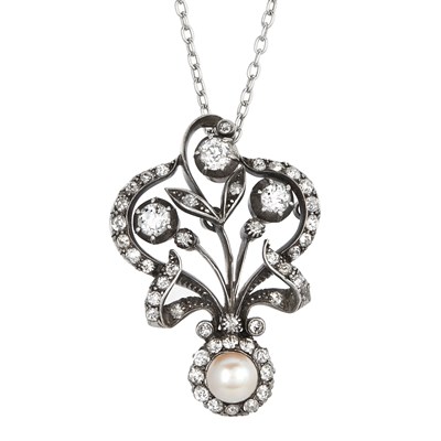 Lot 1133 - Antique Silver, Diamond and Pearl Pendant and Silver Chain