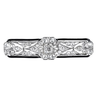 Lot 1119 - Platinum, Gold, Diamond and Black Enamel Bar Brooch