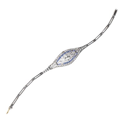 Lot 1072 - Antique Platinum, Gold, Diamond and Sapphire Bracelet