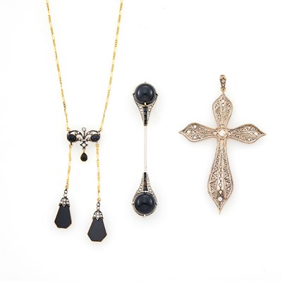 Lot 1132 - Two-Color Gold, Silver, Diamond and Black Onyx Jabot, France, Pendant and Lavaliere Necklace