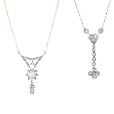 Lot 1135 - Platinum, Gold and Diamond Lavaliere Necklace and Antique Silver,  Gold, Pearl and Diamond Lavaliere Necklace