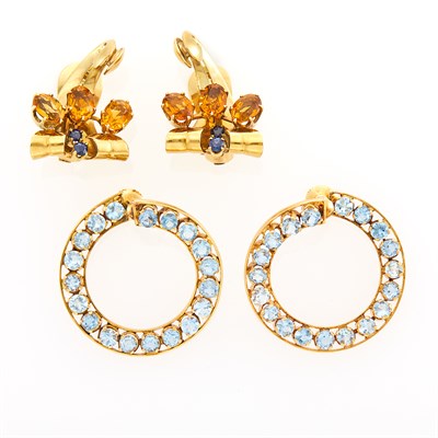 Lot 1183 - Pair of Gold and Aquamarine Hoop Earclips and Pair of Gold, Citrine and Sapphire Scroll Earrings
