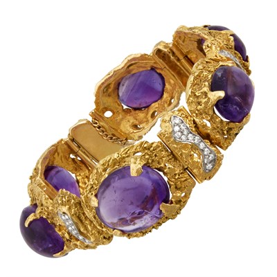 Lot 114 - Two-Color Gold, Cabochon Amethyst and Diamond Bracelet