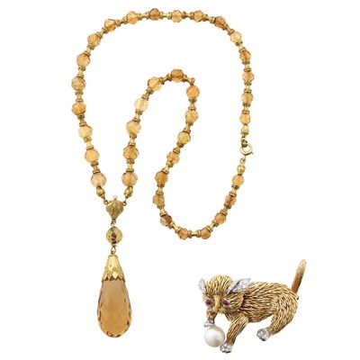 Lot 25 - Two-Color Gold, Diamond, Cultured Pearl and Ruby Cat Brooch and Antique Gold and Citrine Bead and Briolette Necklace