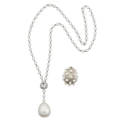 Lot 80 - White Gold and Diamond Slide Necklace with Two Interchangeable Cultured Pearl Pendants