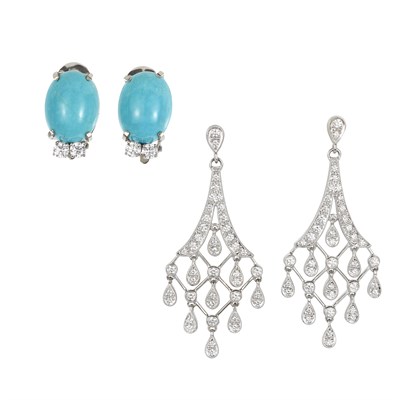 Lot 85 - Pair of White Gold and Diamond Chandelier Earrings and Pair of White Gold, Turquoise and Diamond Earclips