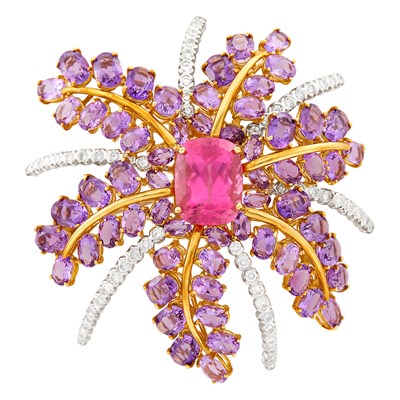 Lot 188 - Gold, Platinum, Pink Tourmaline, Amethyst and Diamond Spray Brooch