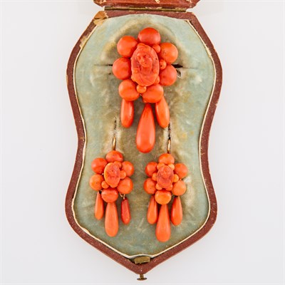 Lot 164 - Antique Gold and Coral Cameo Brooch and Pair of Pendant-Earrings