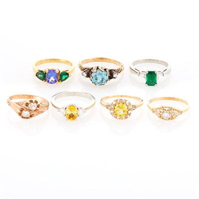 Lot 221 - Two Antique and Five Gold, Platinum, Diamond and Colored Stone Rings