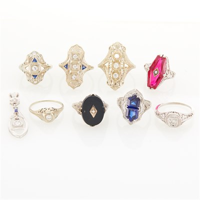 Lot 173 - Eight White Gold, Diamond, Black Onyx and Synthetic Stone Filigree Rings and Pendant