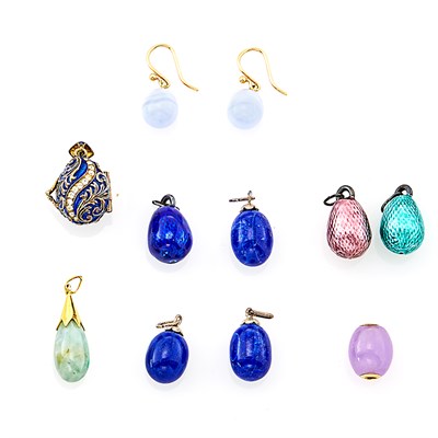 Lot 43 - Group of Gold, Silver, Hardstone and Enamel Egg Pendants, Pair of Earrings and Locket Pendant