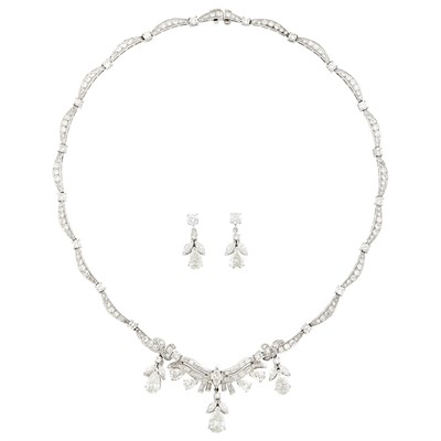 Lot 164 - Platinum and Diamond Necklace and Pair of Pendant-Earrings