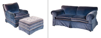 Lot 82 - Blue Upholstered Love Seat, Club Chair and...