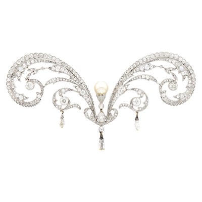 Lot 71 - Belle Époque Platinum, Silver, Gold, Cultured Pearl and Diamond Brooch