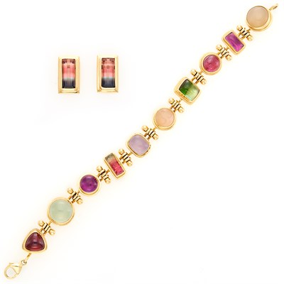 Lot 11 - Gold and Cabochon Colored Stone Bracelet and Pair of Gold and Watermelon Tourmaline Earrings