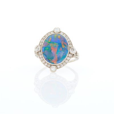 Lot 72 - Marcus & Co. Antique Platinum, Black Opal and Diamond Ring