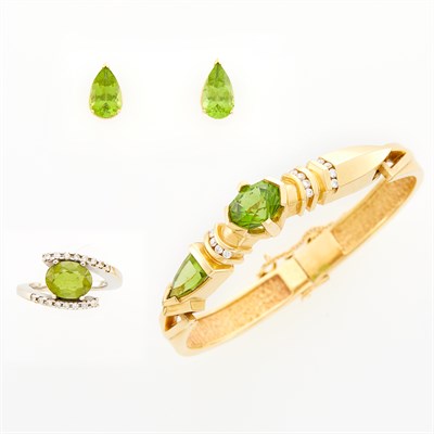 Lot 209 - Gold, Peridot and Diamond Bangle Bracelet and Pair of Earrings and Ring