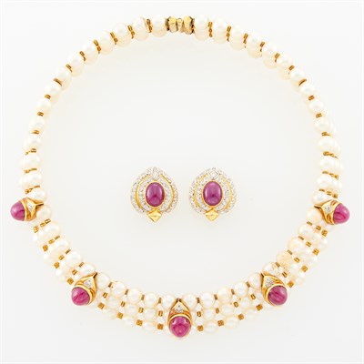 Lot 1055 - Gold, Cabochon Ruby, Cultured Pearl and Diamond Necklace and Pair of Earclips