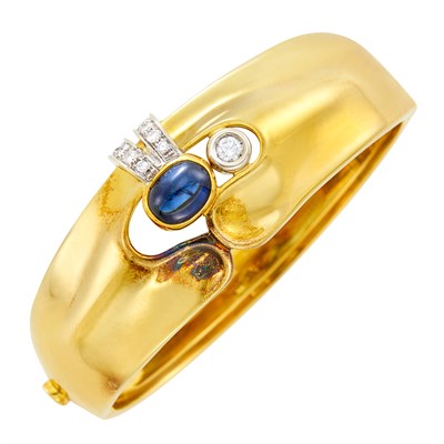 Lot 9 - Gold, Diamond and Cabochon Sapphire Bangle Bracelet