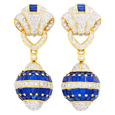 Lot 16 - Pair of Gold, Sapphire and Diamond Pendant-Earclips