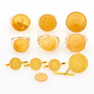 Lot 93 - Six Gold and Gold Coin Rings, Tie Tac and Three Shirt Studs