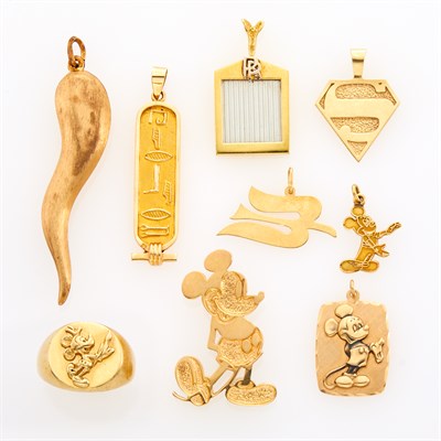 Lot 123 - Eight Gold Pendants and Gold Mickey Mouse Ring