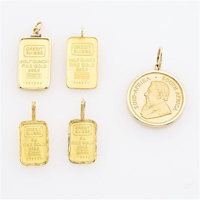 Lot 141 - Group of Five Gold, High Karat Gold Suisse Bars and Krugerrand Coin Pendants
