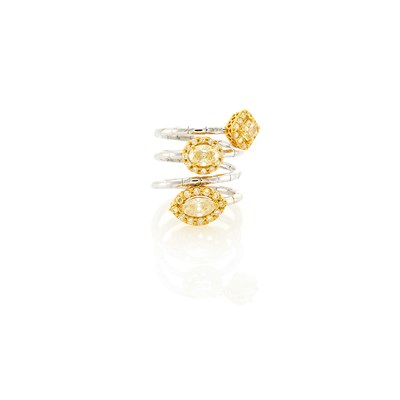 Lot 1279 - Two-Color Gold, Diamond and Colored Diamond Flexible Spiral Ring