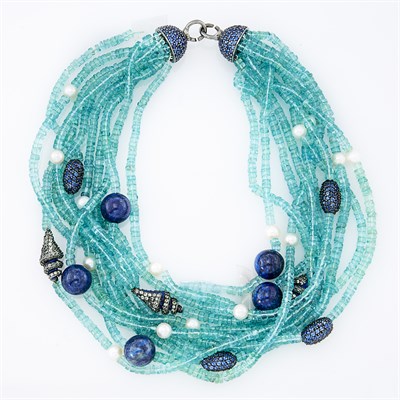 Lot 257 - Ten Strand Aquamarine and Sodalite Bead, Sapphire and Freshwater Pearl Torsade Necklace