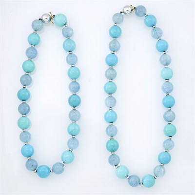 Lot 9 - Two White Gold, Turquoise and Aquamarine Bead and Diamond Necklaces