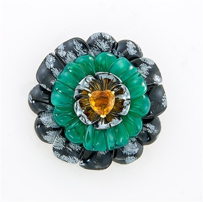 Lot 74 - Capello Gold, Carved Snowflake Obsidian, Green Onyx, Hematite, and Citrine Flower Clip-Brooch