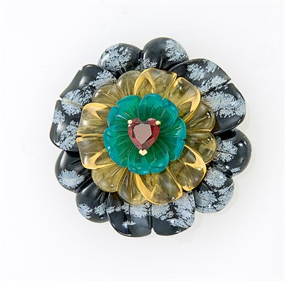 Lot 19 - Capello Gold, Carved Snowflake Obsidian, Citrine, Green Onyx and Garnet Flower Clip-Brooch