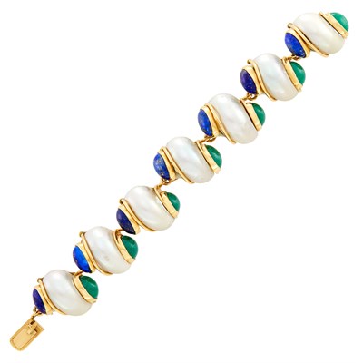 Lot 10 - Seaman Schepps Gold, Shell, Aventurine Quartz and Lapis Bracelet