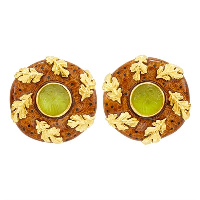 Lot 182 - Elizabeth Gage Pair of Gold, Peridot Cameo, Mother-of-Pearl and Enamel Lion Earclips