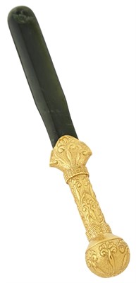 Lot 298 - Gold-Mounted Spinach Jade Paper Knife Length 5...