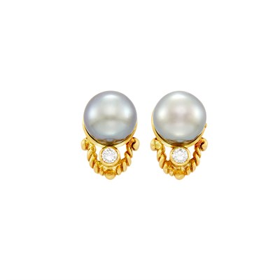 Lot 100 - Judith Ripka Pair of Gold, Tahitian Gray Cultured Pearl and Diamond Earclips