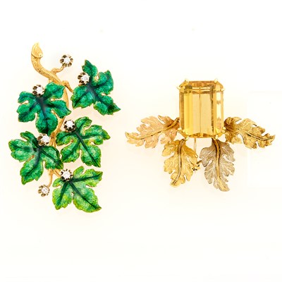 Lot 26 - Gold, Silver, Enamel and Diamond 'En Tremblant' Leaf Brooch and Tricolor Gold and Citrine Leaf Brooch