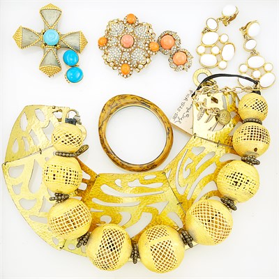Lot 101 - Group of Costume Jewelry, Two Brass and Metal Costume Necklaces and Acrylic Bangle Bracelet