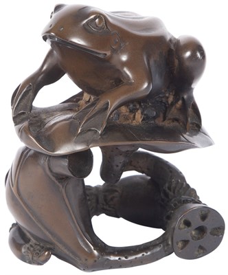 Lot 305 - Japanese Boxwood Okimono of a Frog on a Lotus...