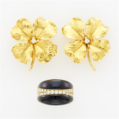 Lot 6 - Pair of Gold and Diamond Flower Earclips and Black Onyx and Diamond Ring
