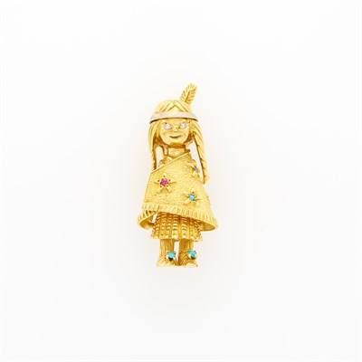 Lot 36 - Gold, Turquoise, Ruby, Sapphire and Diamond Native American Girl Clip-Brooch