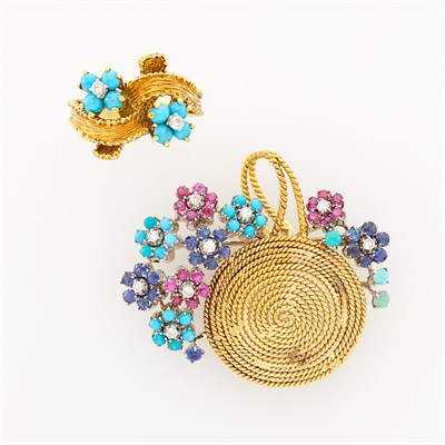 Lot 32 - Gold, Turquoise and Diamond Ring and Gem-Set Flower Basket Brooch
