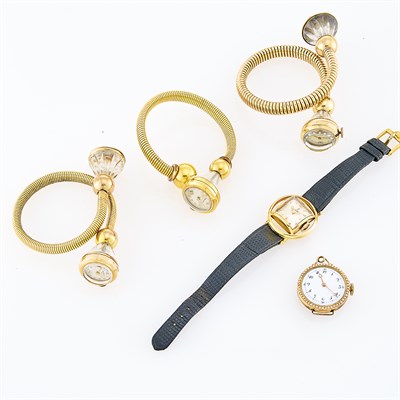 Lot 128 - Four Gilt-Metal Wristwatches and Pendant-Watch