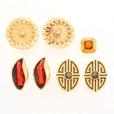 Lot 143 - Three Pairs of Gold and Gem-Set Cufflinks and Tie Tack