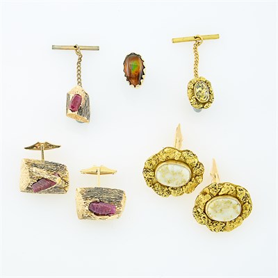 Lot 213 - Two Pairs of Gold, Gold Nugget, Gold in Quartz, Ruby and Opal Cufflinks, Shirt Studs and Tie Tack