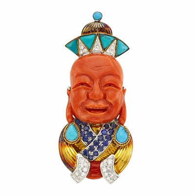 Lot 78 - Two-Color Gold, Carved Coral, Turquoise, Sapphire and Diamond Buddha Clip-Brooch