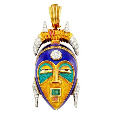 Lot 58 - Two-Color Gold, Enamel, Diamond and Emerald Mask Pendant Clip-Brooch