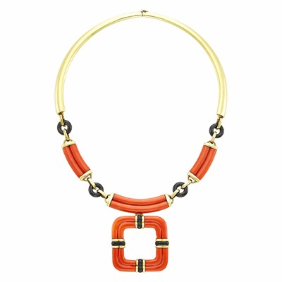 Lot 56 - Trio Gold, Coral and Black Onyx Necklace