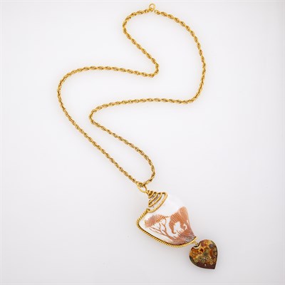 Lot 224 - Gold, Carved Shell and Agate Pendant with Long Rope-Twist Chain Necklace