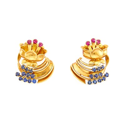 Lot 73 - Pair of Gold, Ruby and Sapphire Earrings, France